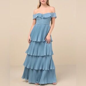 Lulus Always Remarkable Slate Blue Pleated Off-the-Shoulder Maxi Dress - NWT